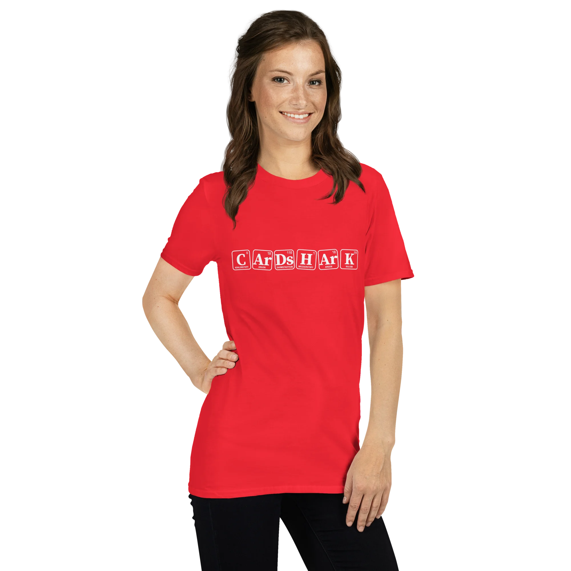 Shirt: Cardshark, Periodensystem auf weiblichem Model